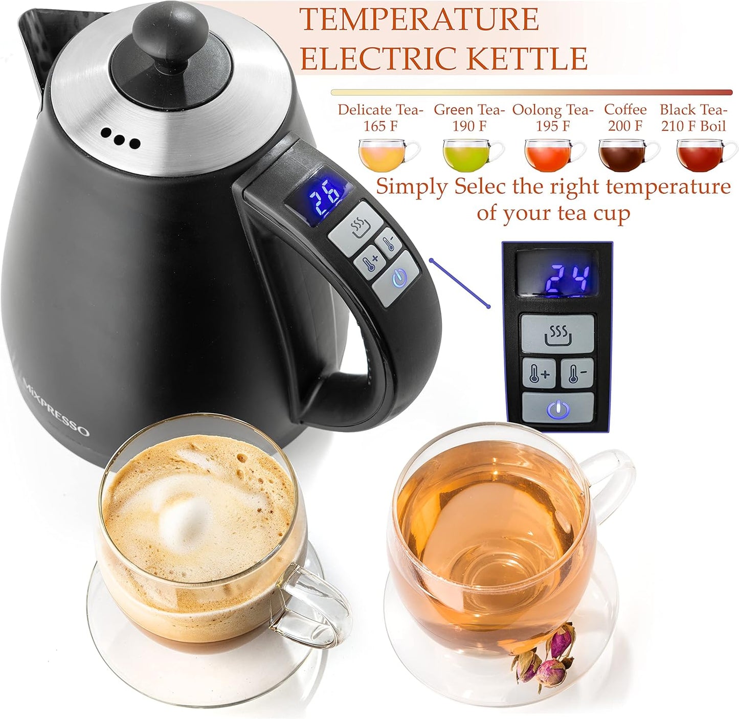 Mixpresso elektriese ketel met temperatuurbeheer, warmwaterketel elektries, koordloos, 1 liter-kapasiteit, hou warm- en LED-aanwyser, outomatiese afskakeling, droogkookbeskerming, swart elektriese ketel