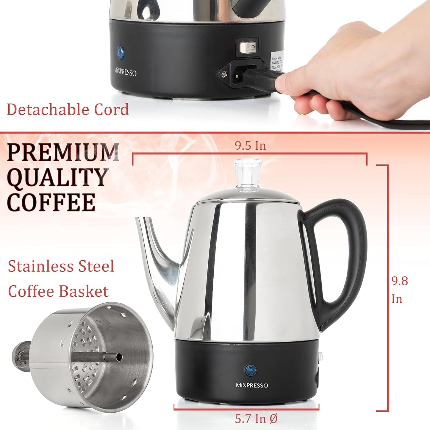 Mixpresso Klein Perkolator Koffiepot Elektries 4 Koppies, Vlekvrye Staal Koffiemaker, Koffieperkolator Elektries Met Warmhou-funksie, 4 Koppies Vlekvrye Staal Perkolator Met Mandjie