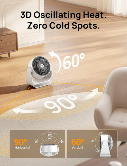 Verwarmer 714, 60° Vertikale & 90° Horisontale 3D Ossillerende Verwarming, 12 vt/s Langafstand-Sirkuleerder, 3 Hitte- & 3 Waaierventilatorinstellings, vir Binnenshuis – Wit