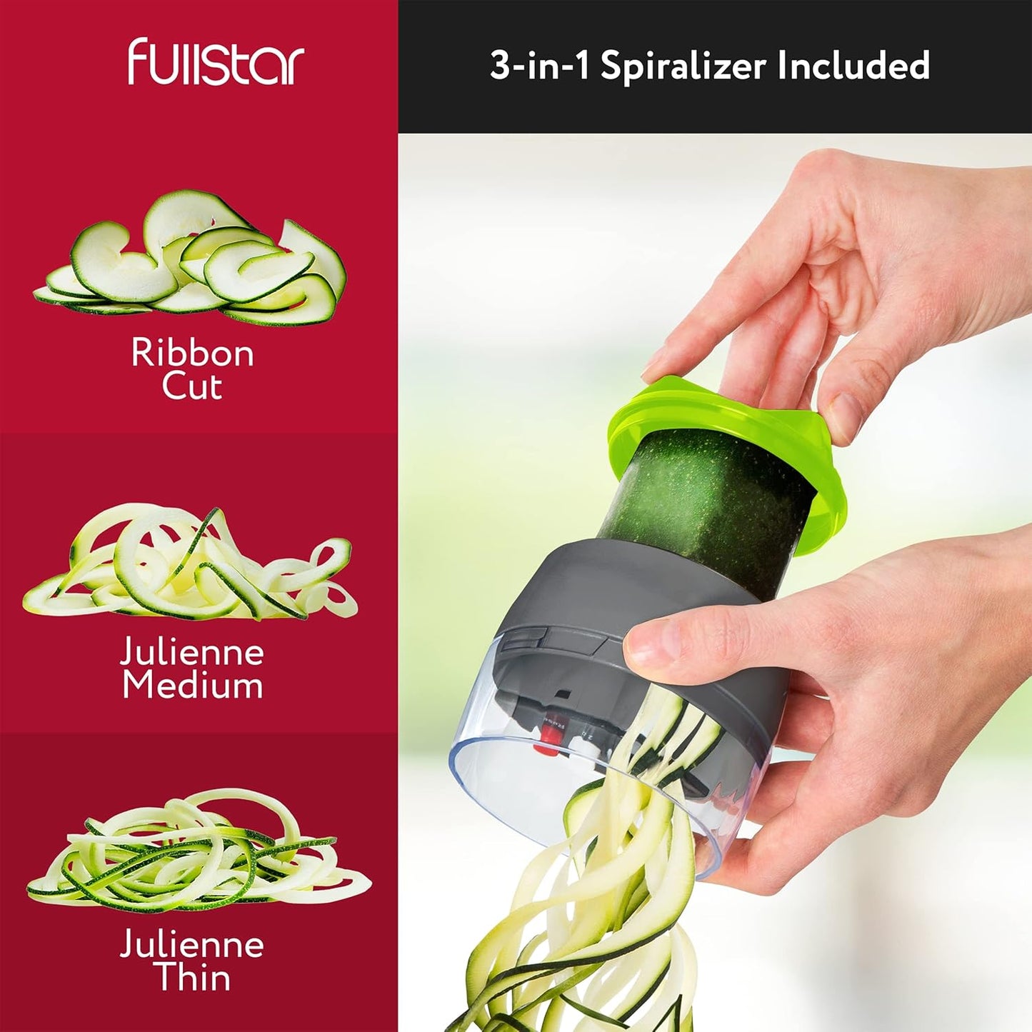 Hachoir à légumes et mandoline tout-en-un Fullstar pour cuisine - Râpe à fromage, coupe-frites, trancheuse à fromage - Spiraliseur manuel bonus inclus (6 en 1, gris/vert)
