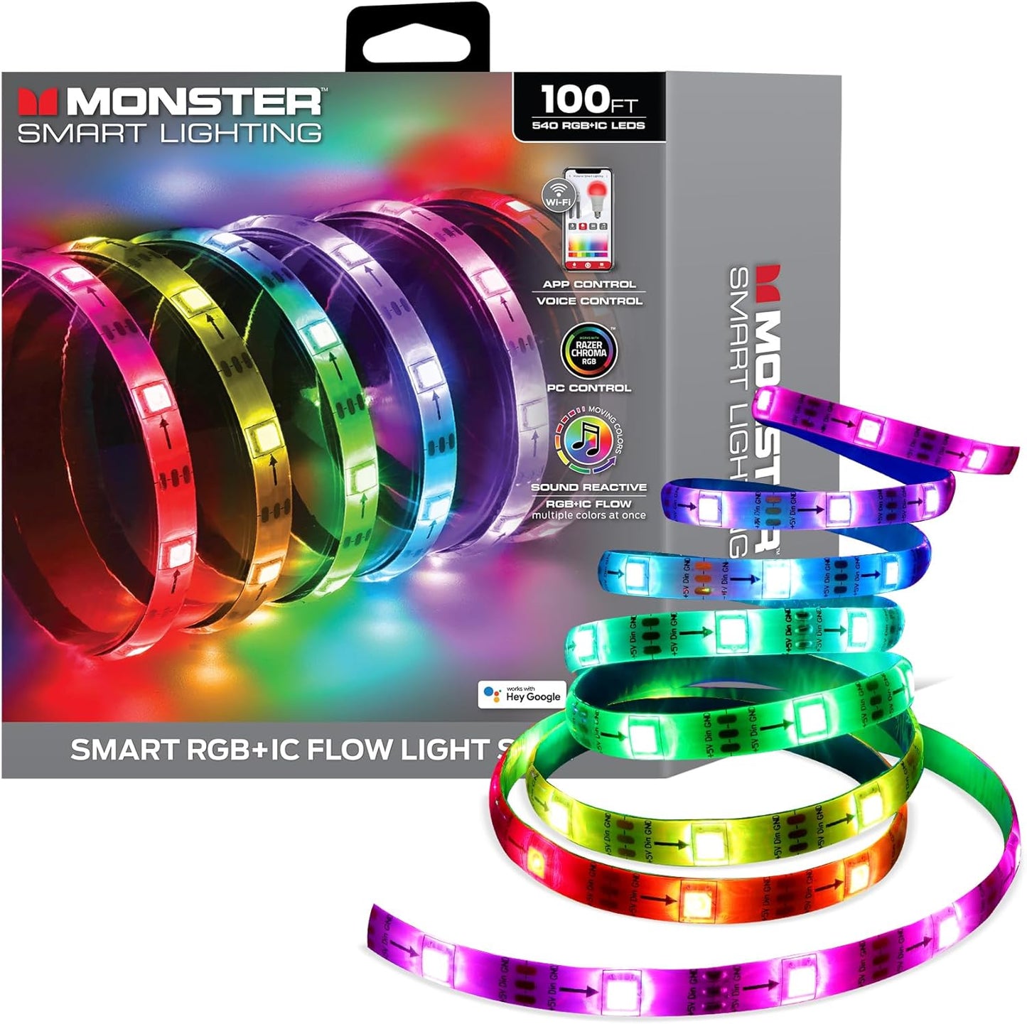 Monster Smart RGB+IC LED Strip Lights 100ft – Sound Reactive Strip Lights for Bedroom, App & Voice Control, RGB Light Strip for Room, Alexa Google Home, Razer Chroma Sync - 540 RGB+IC LED Lights
