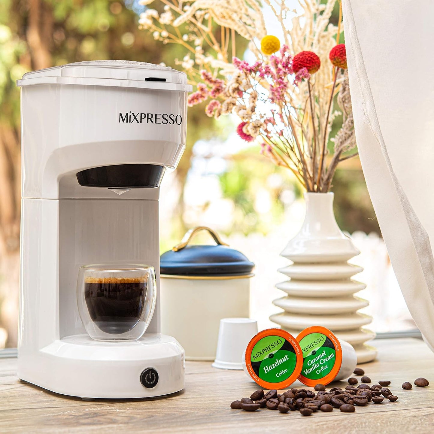 Mixpresso 2-in-1 Koffiemaker vir K-kapsule en Gemaalde Koffie, Enkelbedieningskoffiemaker, Kompakte Grootte Mini Koffiemaker Vinnige Brou Tegnologie 400ml Wit Enkelkoppie Koffiemaker