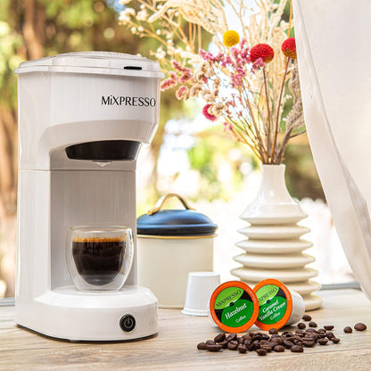 Mixpresso 2-in-1 Koffiemaker vir K-kapsule en Gemaalde Koffie, Enkelbedieningskoffiemaker, Kompakte Grootte Mini Koffiemaker Vinnige Brou Tegnologie 400ml Wit Enkelkoppie Koffiemaker