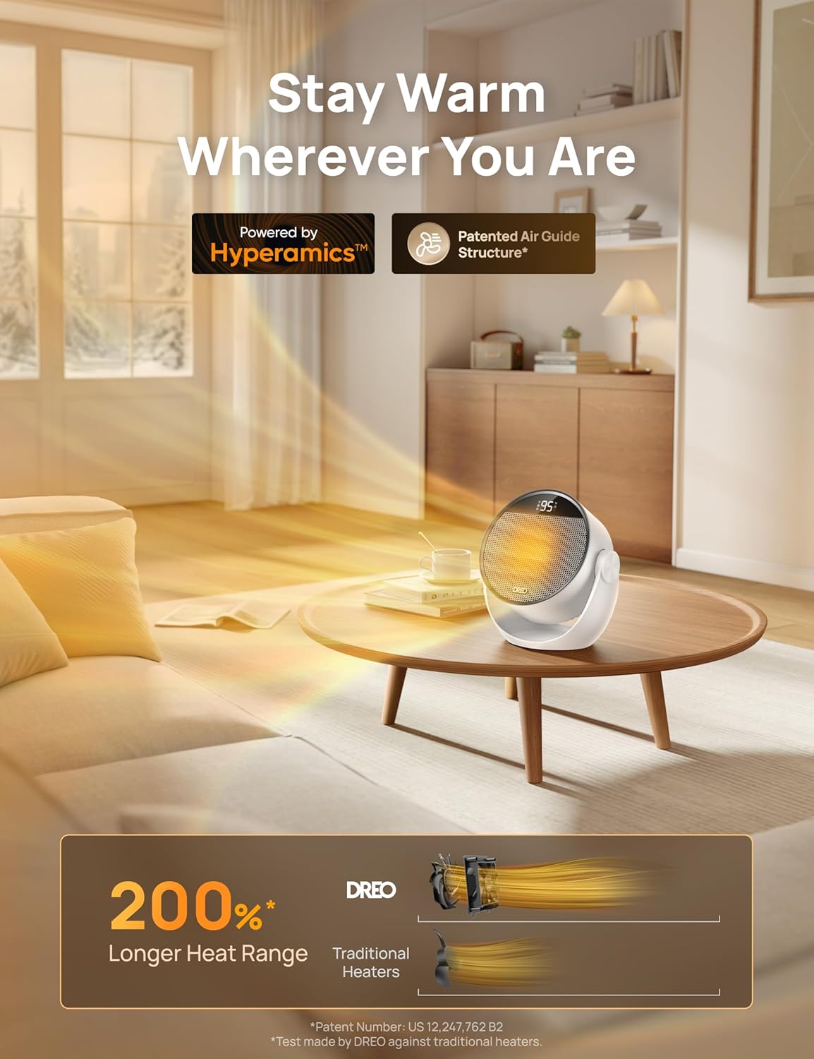 Ruimteverwarmer 1500W, 60° Verstelbare Kanteling, 3.2m/s Draagbare Elektriese Verwarmers vir Binnenshuise Gebruik met Termostaat, 8 Veiligheidsbeskermings, 3 Modes, Afstandbeheer - Wit