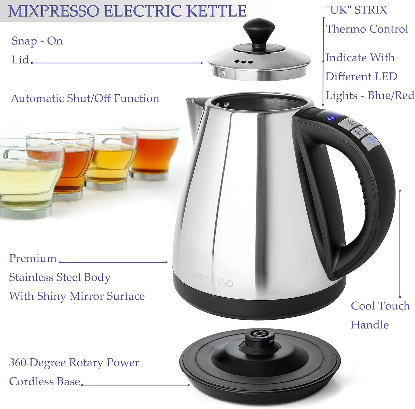 Mixpresso Elektriese Ketel Temperatuurbeheer, Warmwaterketel Elektries, Koordloos 1 Liter Kapasiteit, Hou Warm & LED-aanwyser, Outomatiese Afskakeling, Droogkookbeskerming, Vlekvrye Staal Elektriese Ketel