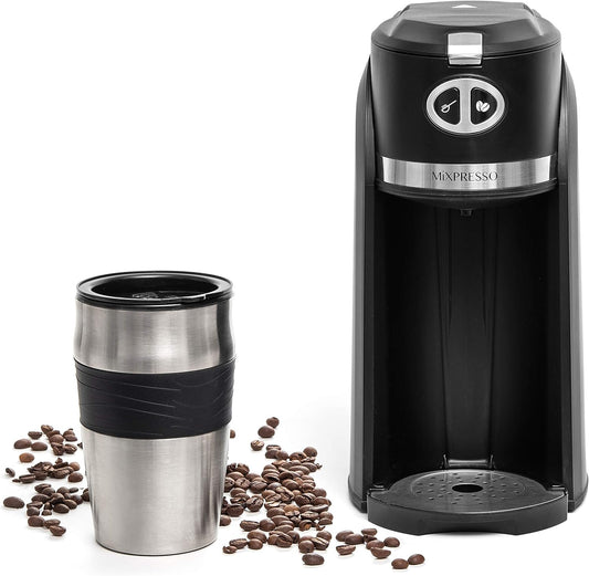 Mixpresso 2-in-1 Maal-en-Brou Outomatiese Persoonlike Koffiemaker, Outomatiese Enkelbedien-Koffiemaker met Ingeboude Maalmasjien en 14oz Reisbeker, Outo-afskakelfunksie, Swart Reiskoffiemaker