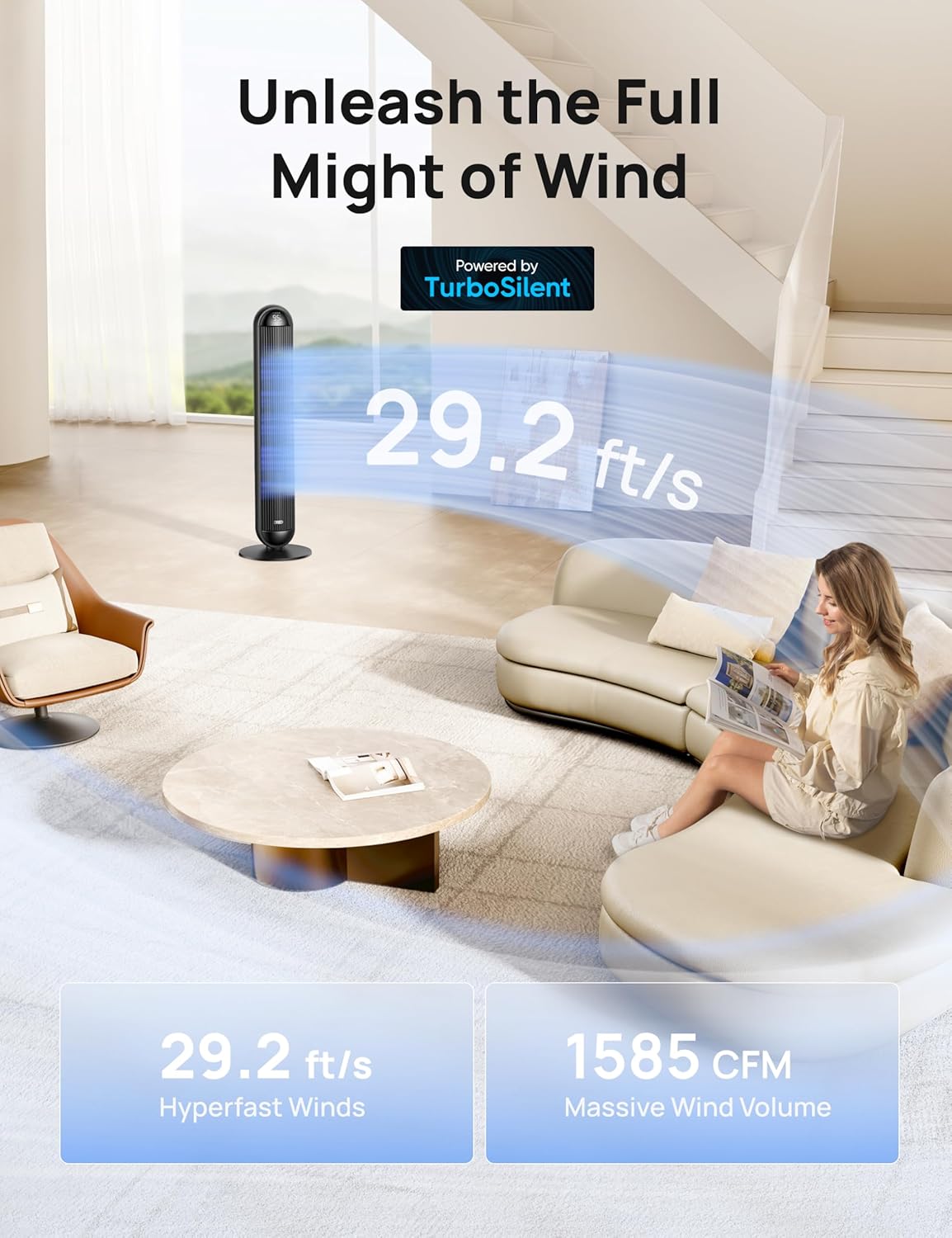 Toringwaaier en Verhitter Kombinasie, 29.2vt/s Staande 17 Vlakke, 6 Modes, 120° Ossilasie, 42 Duim, 12H Aanskakeltydhouer, 25dB Stil, m/ Afstandsbediening, vir Kantoor, Groot Vertrek - Swart