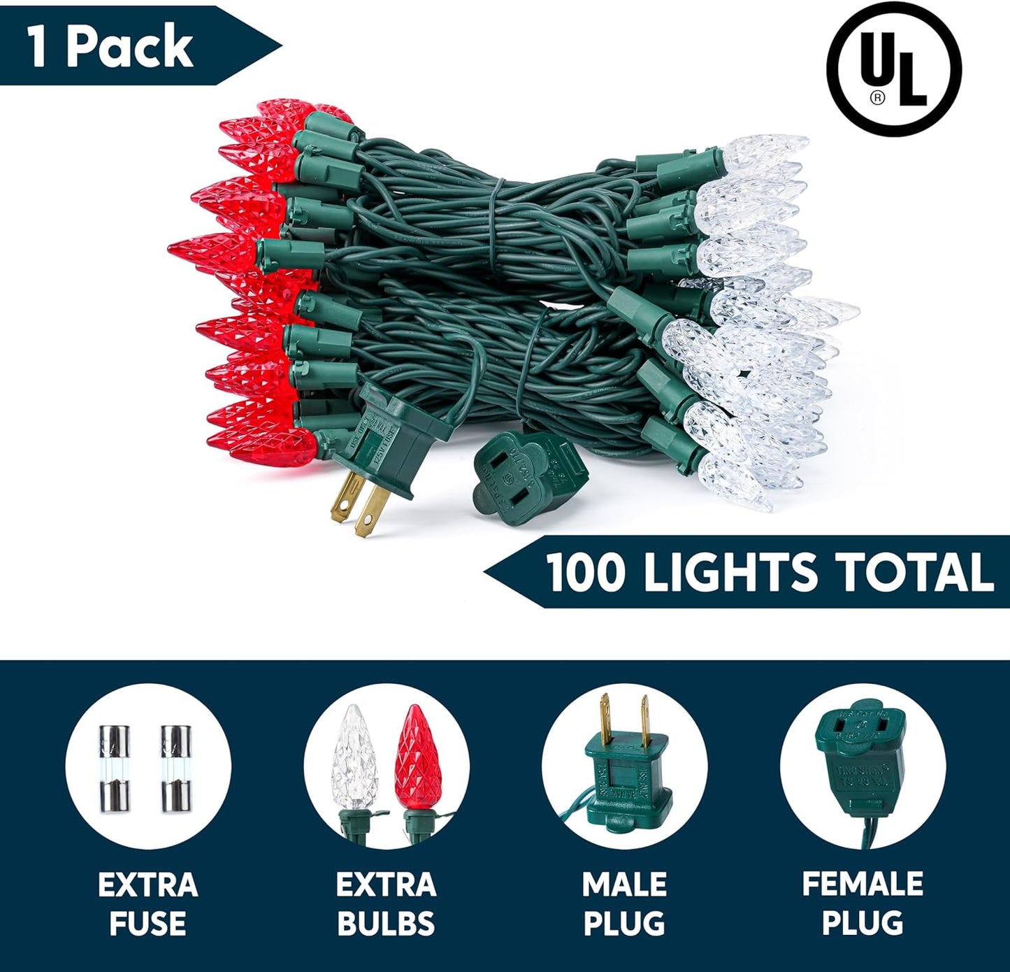 Rooi & Wit Kersfeesliggies, 100 LED Bestendige Aan Aarbei-liggies, 10.26 M Koppelbare Stringliggies – Groen Draad