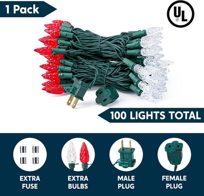 Rooi & Wit Kersfeesliggies, 100 LED Bestendige Aan Aarbei-liggies, 10.26 M Koppelbare Stringliggies – Groen Draad