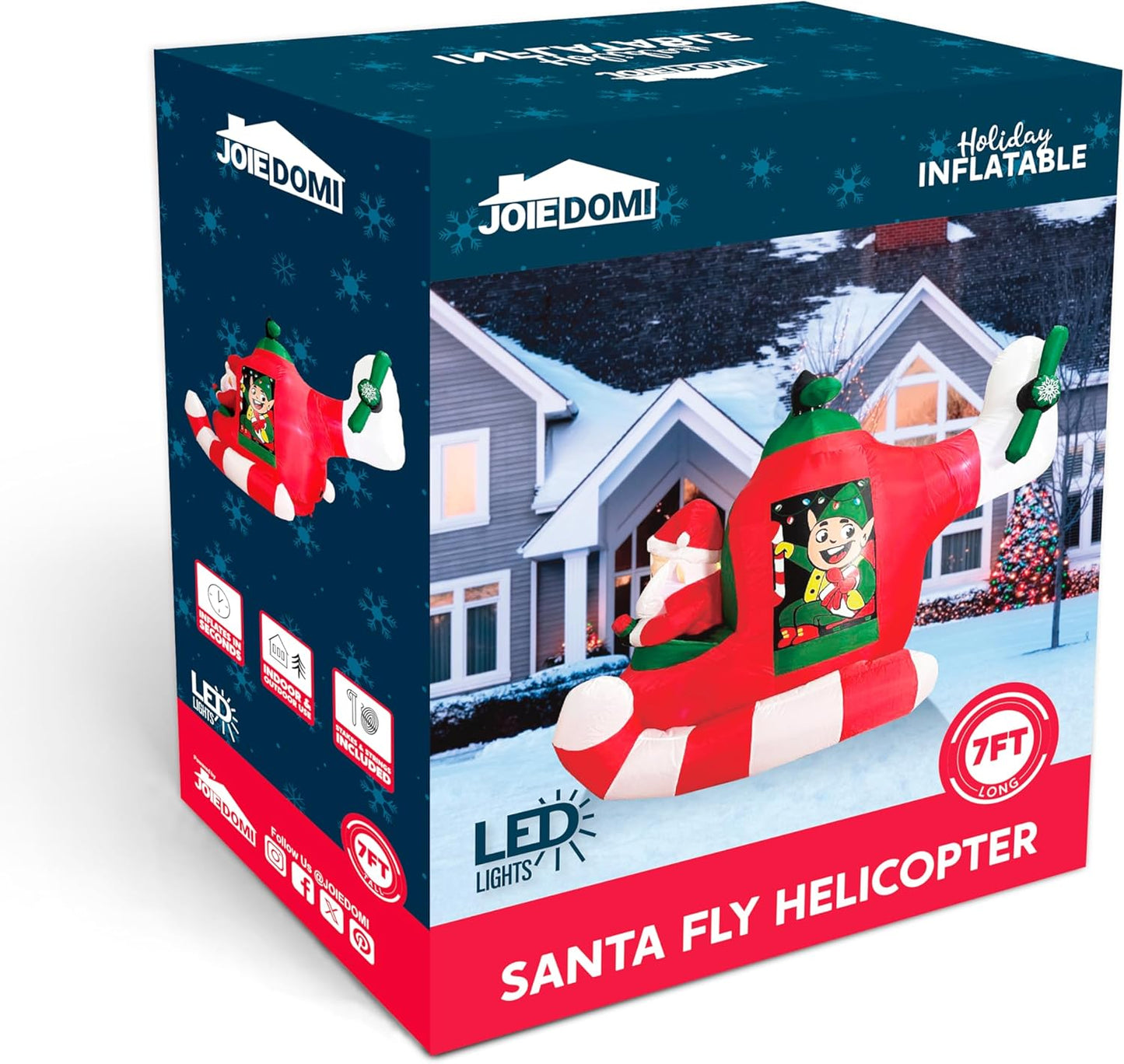 (7FT) Long Christmas Inflatable Santa Elf on Animated Helicopter, Blow Up Santa Inflatable on Flying Airplane with Rotating Propeller Decor