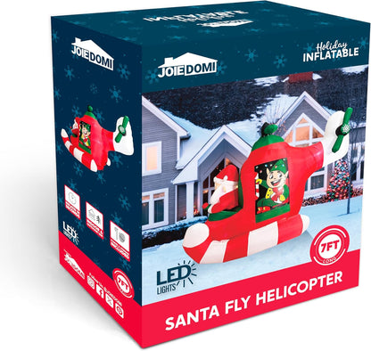 (7FT) Long Christmas Inflatable Santa Elf on Animated Helicopter, Blow Up Santa Inflatable on Flying Airplane with Rotating Propeller Decor
