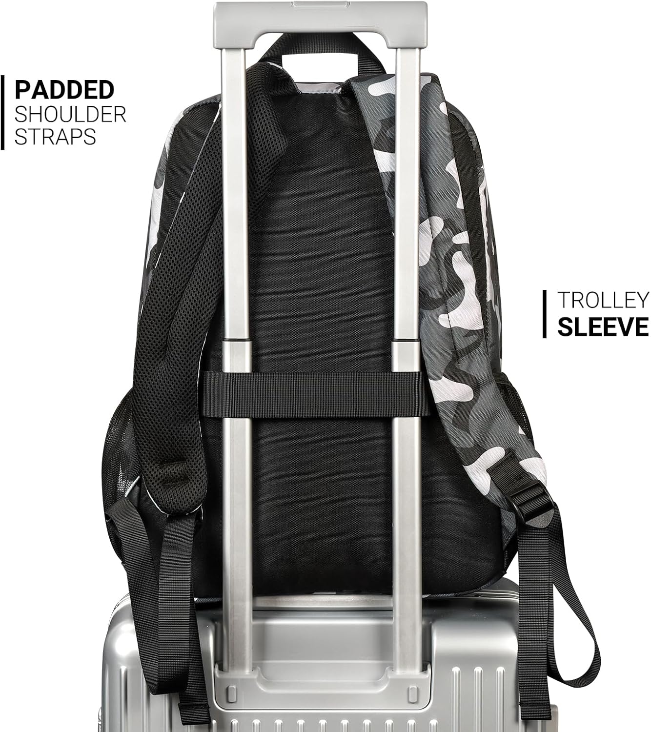 26L Backpack for School, College, and Travel: Water Resistant Bookbag with 8 Compartments - Camo Black