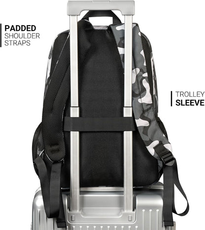 26L Backpack for School, College, and Travel: Water Resistant Bookbag with 8 Compartments - Camo Black
