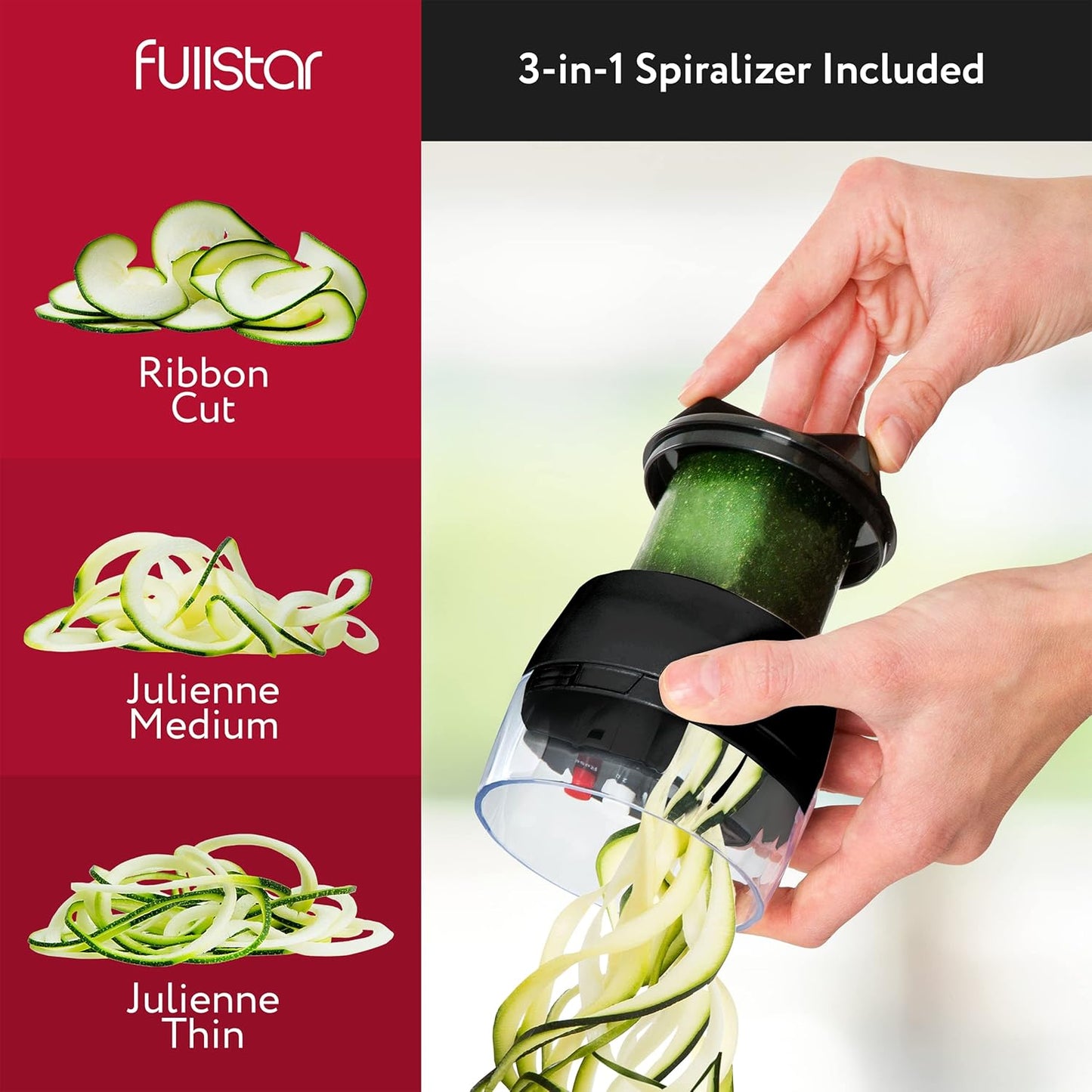 Fullstar Alles-in-1 Groentesnyer en Mandolien vir Kombuis - Kaasrasper, Fransebraai-Snyer, Kaassnyer - Bonus Handheld Spiraalsnyer Ingesluit (6-in-1, Swart)