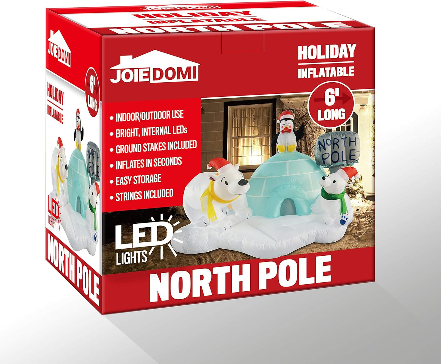 (6FT) Long Christmas Inflatable North Pole w/ Build-in LEDs, Blow Up Polar Bears & Penguin Holiday Season Decorations