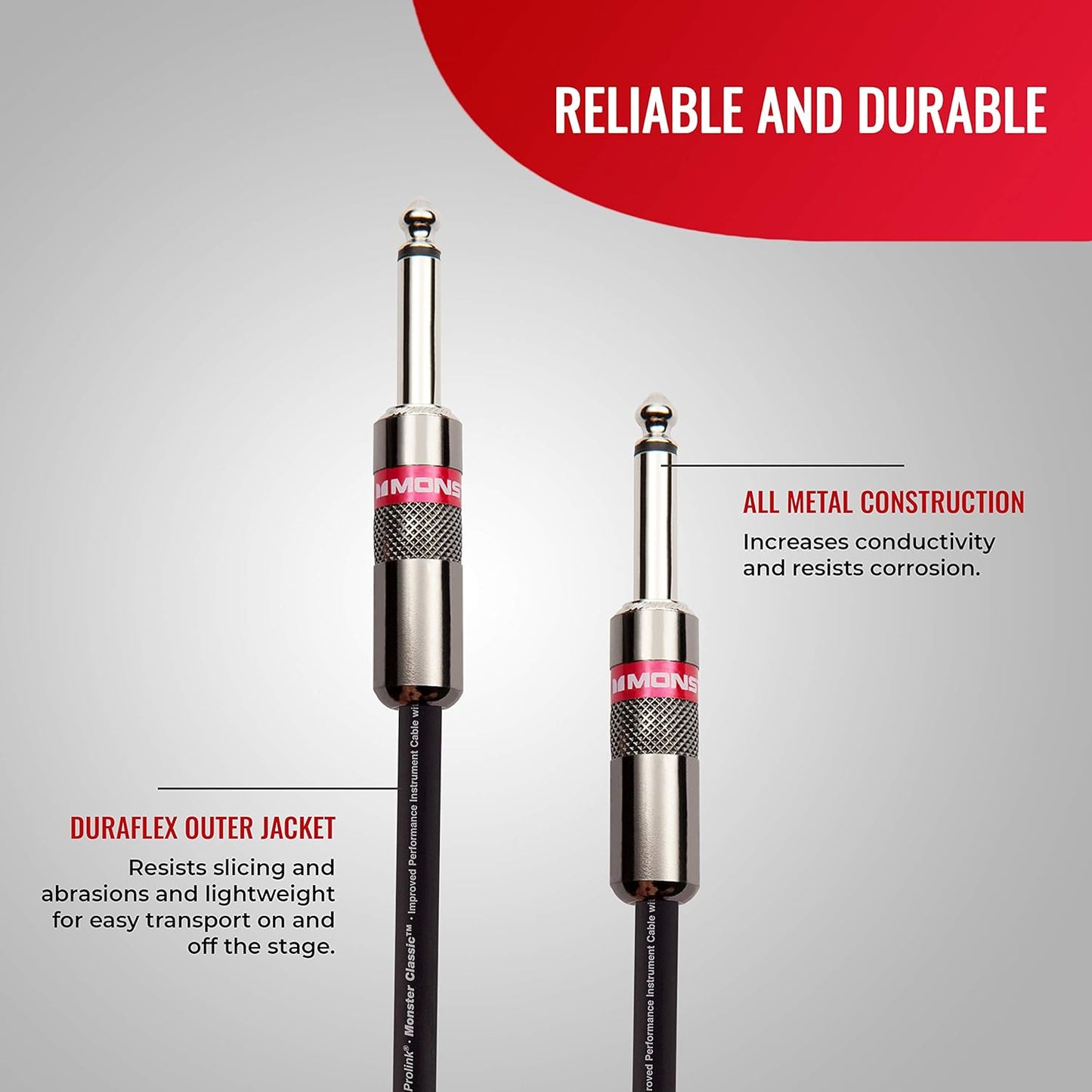 Monster Prolink Classic Instrument Guitar Cable - 6 ft Straight to Straight Instrument Cable. All Metal & Duraflex Outer Jacket. 90% Copper Braided Shield Monster Instrument Cable