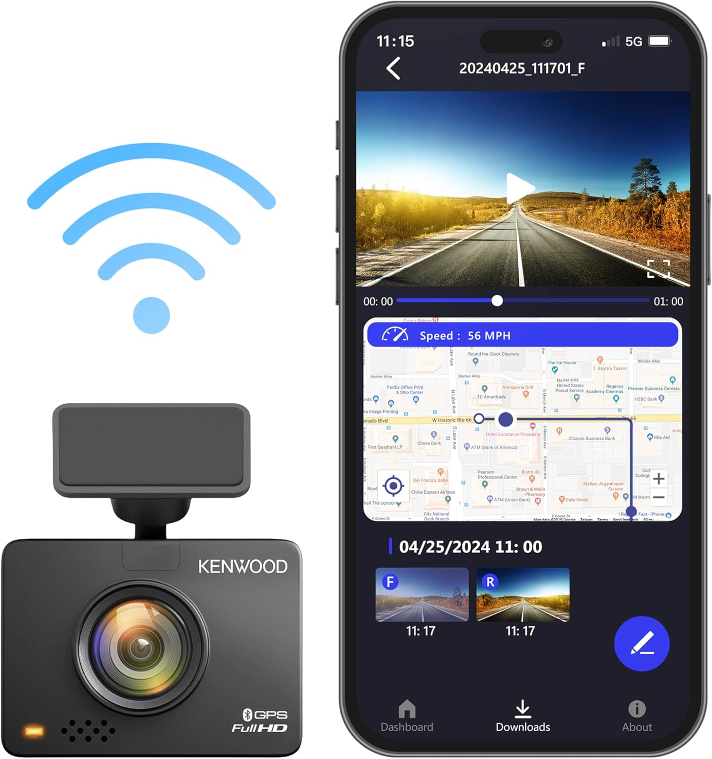 KENWOOD DRV-A310W GPS-paneelkamera, Volle HD-paneelkamera, WDR/HDR-motorkamera met Bluetooth- & Wi-Fi-verbinding, G-sensor, botsingsopsporing, opsionele agterkamera-ondersteuning