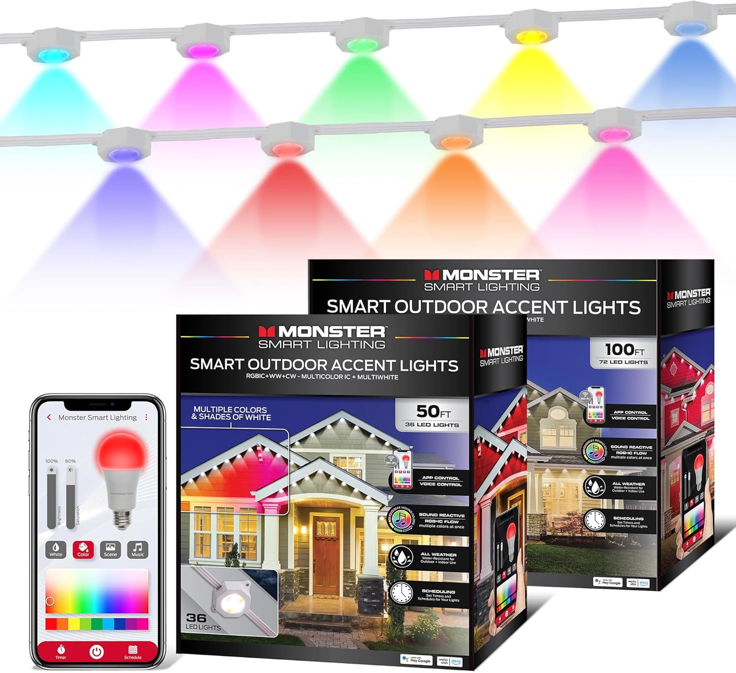 Monster Smart Permanent Outdoor Lights, 150ft, 108 LED Eaves Lights, RGB+IC+WW, Weather & Water Resistant, App & Voice Control, Compatible with Alexa & Google, Halloween, Christmas, Year-Round