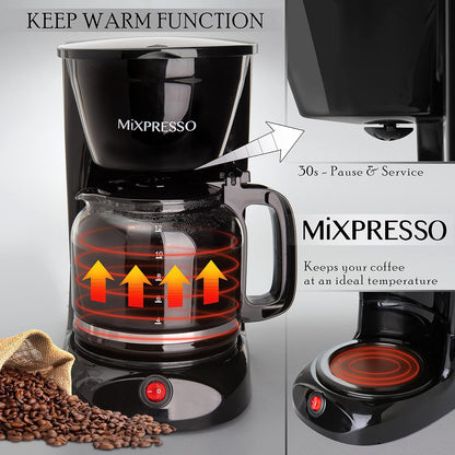 Mixpresso 12 Koppie Koffiepot, Outo-afskakeling en Herbruikbare Filter, Groot Drupkoffiemaker 12 Koppie Borosilikaatglas Karaf, Anti-Drup Koffiemasjien Waterpeilvenster, Swart Elektriese Koffiemaker
