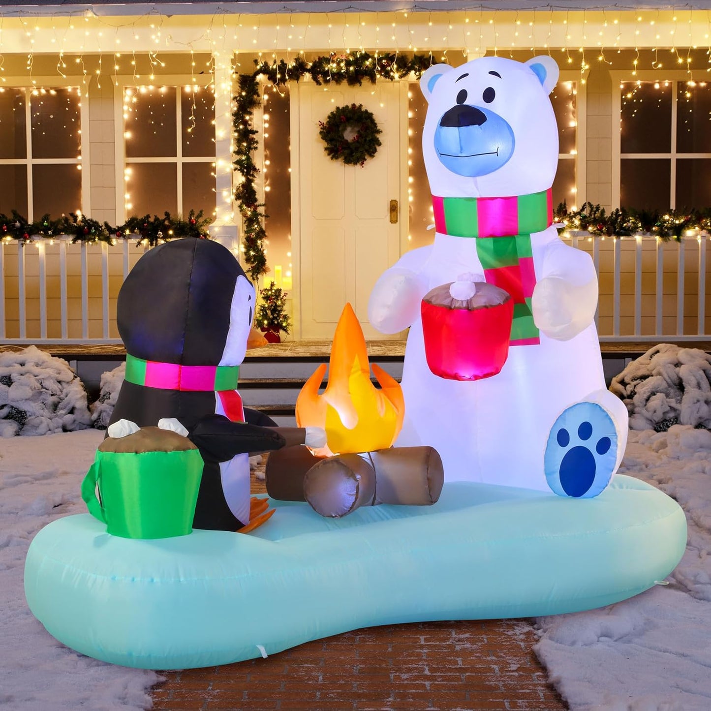 (6FT)  Long Christmas Inflatable Polar Bear and Penguin w/ Campfire, Blow Up Yard Decoration Build-in LEDs Winter Décor