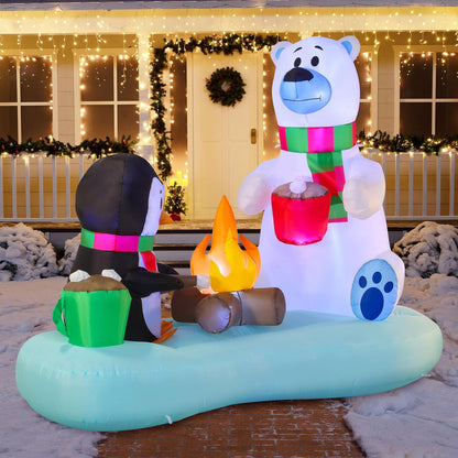 (6FT)  Long Christmas Inflatable Polar Bear and Penguin w/ Campfire, Blow Up Yard Decoration Build-in LEDs Winter Décor