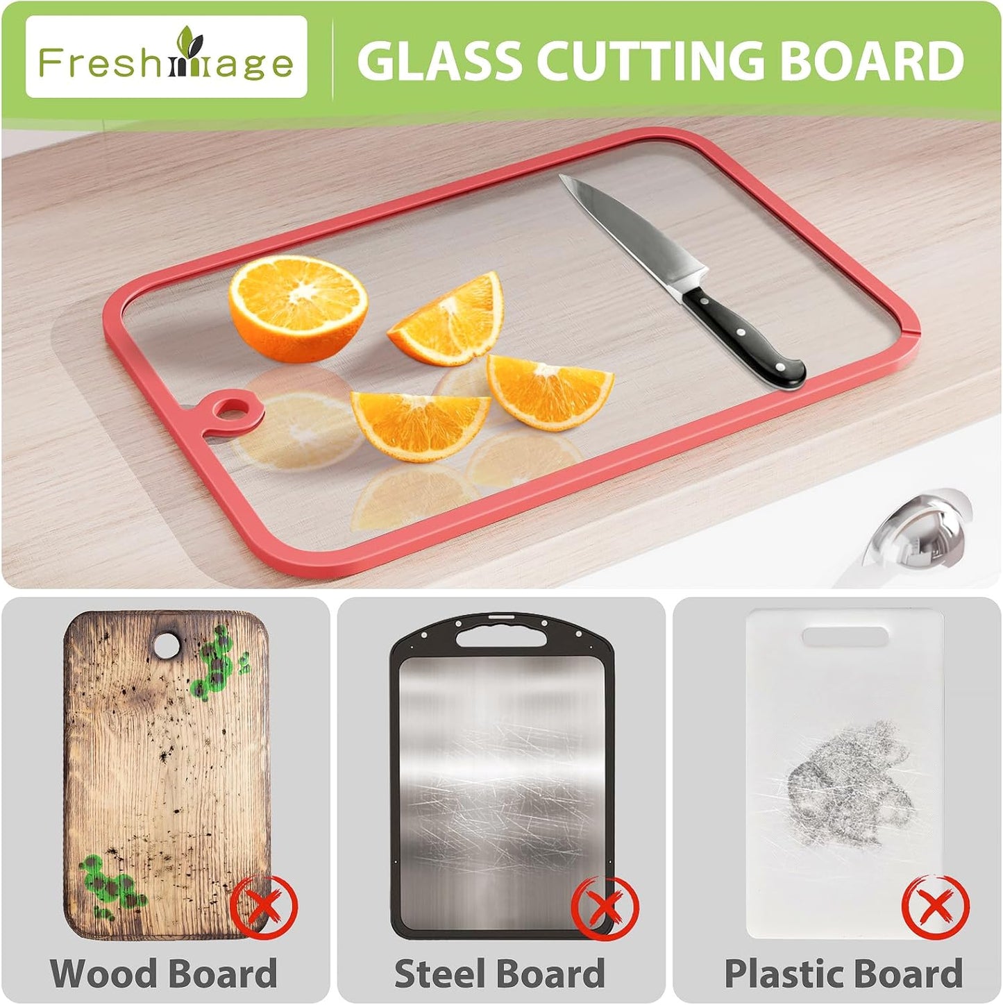 Cutting Board, Freshmage Glass Cutting Boards for Kitchen, 2Pcs Chopping Board Set with Non-Slip Edges & Hanging Hole, Dishwasher- Safe Clear Cutting Board for Countertop, Meal Prep & Serving