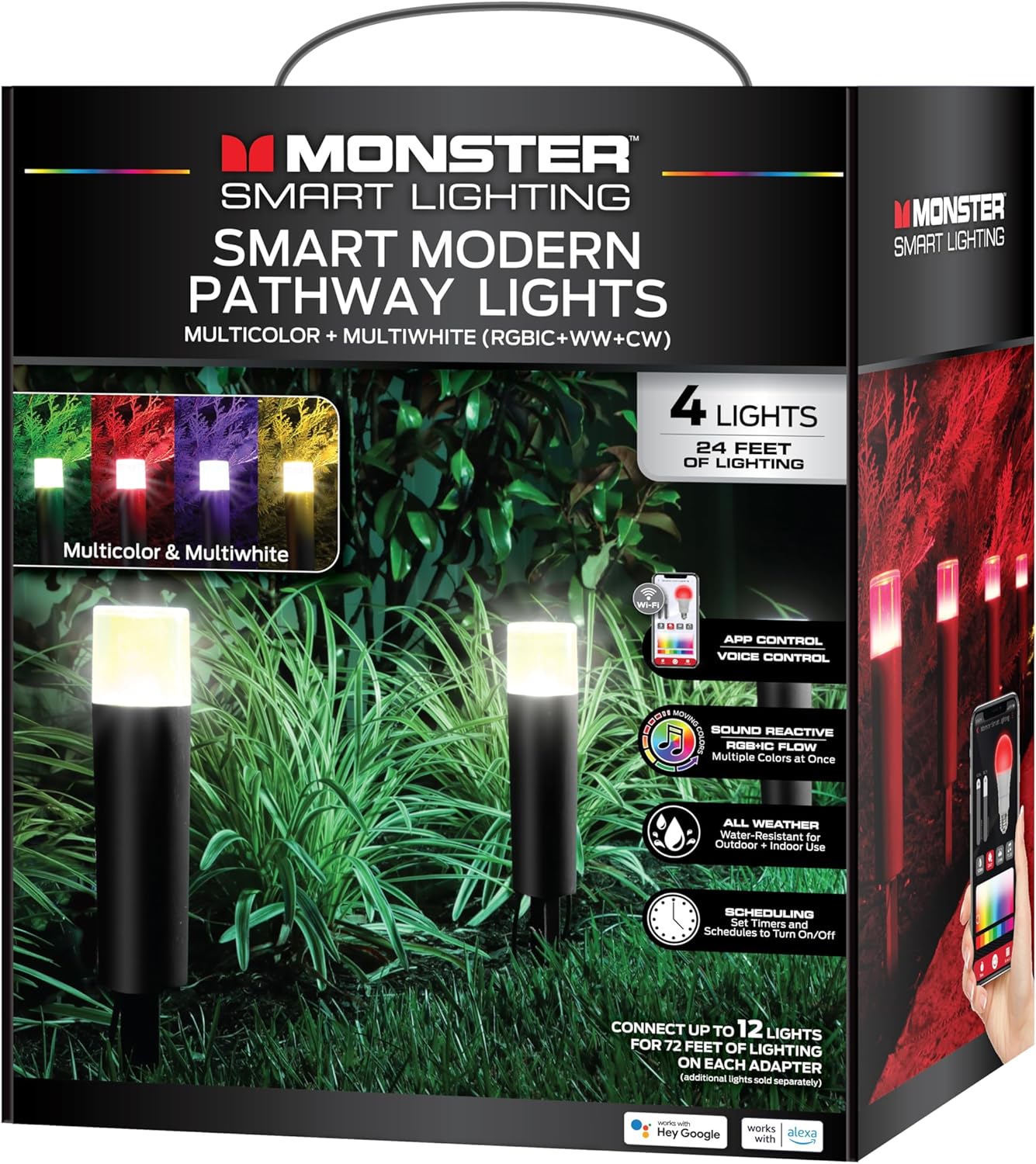 Monster Smart RGB+IC+WW Pathway LED Lights, 4 Individually Controlled Dimmable LEDs, Sound Reactive, IP44 Water & Weather Resistant, Compatible with Alexa, Siri, Google Home, Monster App, Razer Chroma