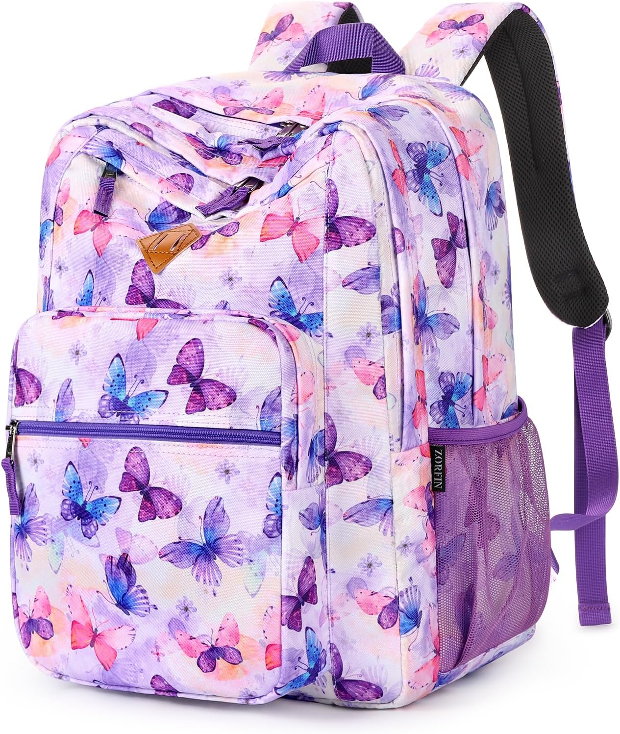 26L Backpack for School, College, and Travel: Water Resistant Bookbag with 8 Compartments - Butterfly Purple