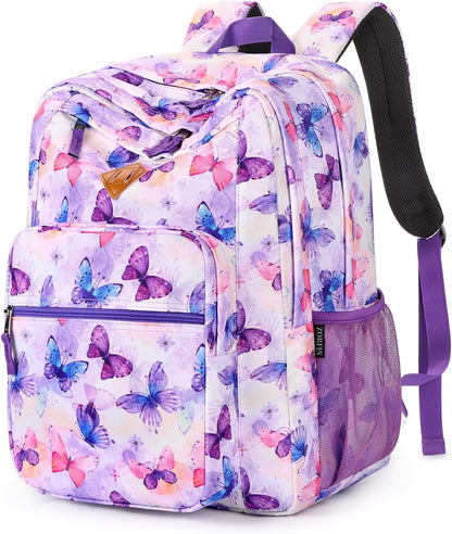 26L Backpack for School, College, and Travel: Water Resistant Bookbag with 8 Compartments - Butterfly Purple