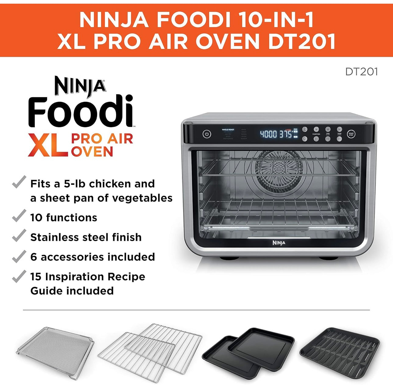 Ninja Air Fryer and Toaster Oven, Foodi Series, XL Pro Air Oven Kitchen Countertop Convection, 10-in-1 Functions - 1800 Watts Stainless Steel (DT201)