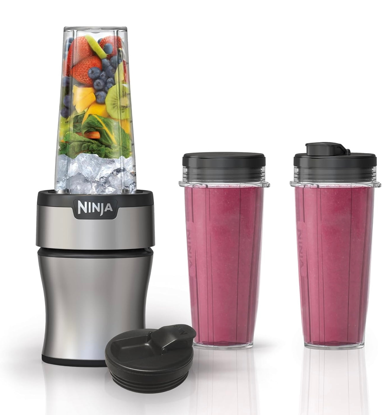 Ninja BN301 Nutri-Blender Plus Compact Personal Blender, 900-Peak-Watt Motor (3) 20 oz. To-Go Cups, (2) Spout-Lids (1) Storage-Lid, Dishwasher Safe - Silver