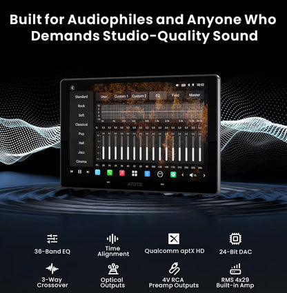 10" QLED Motorstereo Dubbel Din, Draadlose CarPlay & Android Auto, 4G LTE, Dubbele WiFi, 7.1.2 Kanaal Oudio, FLAC, 36B-EQ, Hi-Volt RCA, HDMI Inset