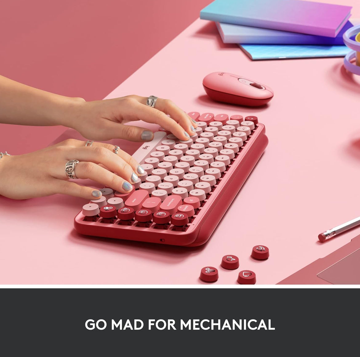Logitech POP Meganiese Draadlose Sleutelbord met Aanpasbare Emoji-sleutels, Duursame Kompakte Ontwerp, Bluetooth- of USB-verbinding, Multi-toestel, OS-versoenbaar - Heartbreaker Rose