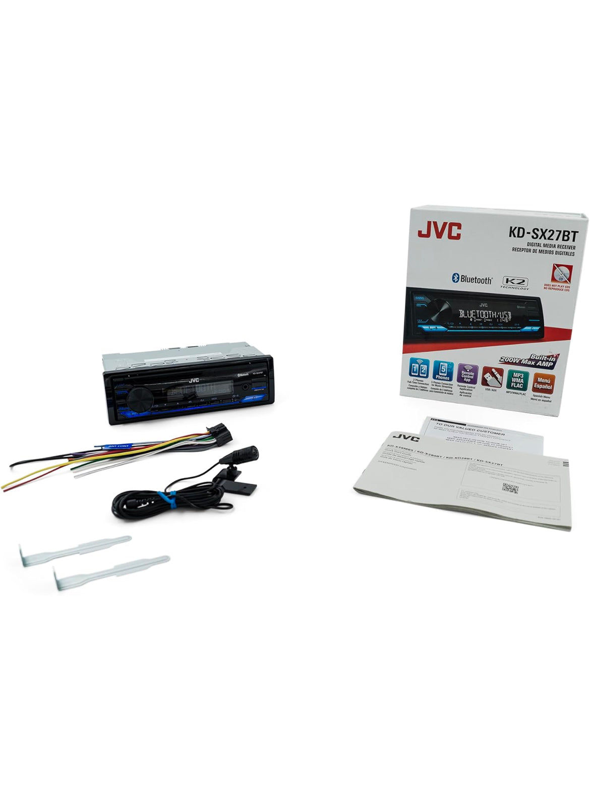 JVC KD-SX27BT Kar Stereo met Bluetooth, 100W Digitale Media-ontvanger, 1.5A USB om Toestelle te Laai, Enkel DIN Hoofeenheid, AM/FM, Aux-in, JVC Remote App