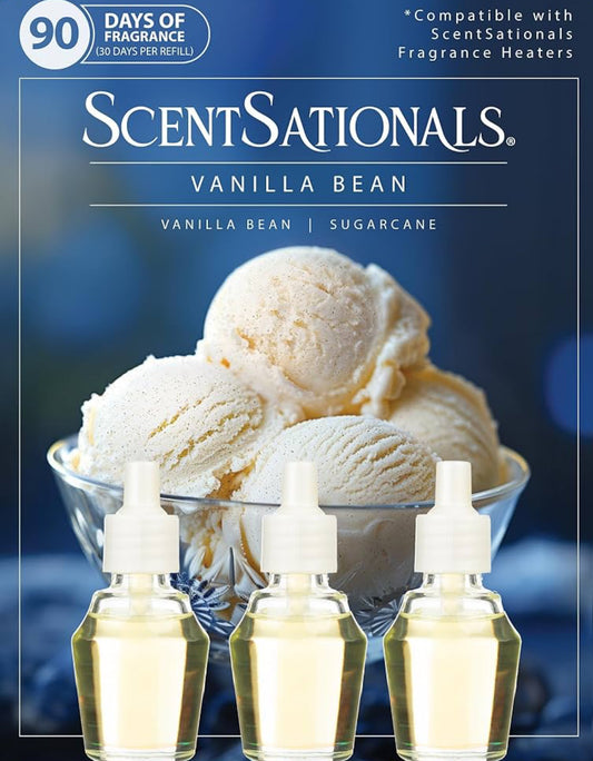 ScentSationals Vanilla Bean Fragrance Oil Plug In Air Freshener Refills 3-Pack - Works w/ Scentsationals Wall Plugs - Packaging May Vary