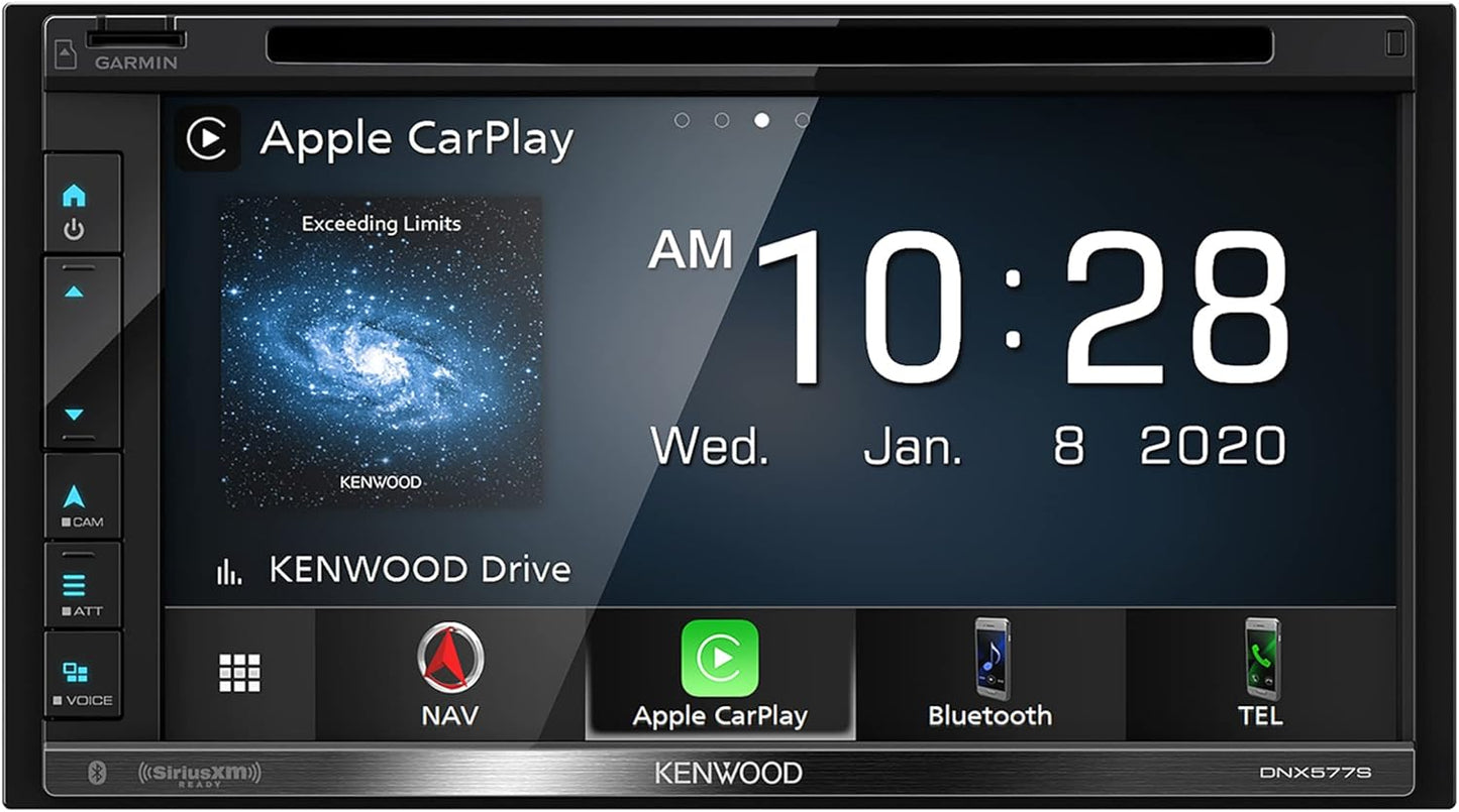 Kenwood 6.8" DVD-motorstereo, Garmin-navigasie ingebou, Inrix-verkeersdiens, CarPlay en Android Auto, Bluetooth, Vier kamera-insette