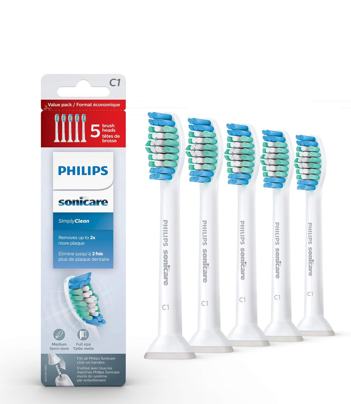 Philips Sonicare Oorspronklike SimplyClean Vervangings-tandeborselkoppe, 5 Borselkoppe, Wit, HX6015/03