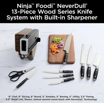 Ninja K52013 Foodi NeverDull Premium 13-stuk Duitse vlekvryestaal Houtreeks Messisteem met ingeboude slyper, Okkerneutkleur/Swart