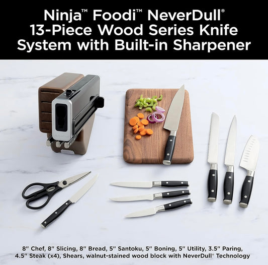 Ninja K52013 Foodi NeverDull Premium 13-stuk Duitse vlekvryestaal Houtreeks Messisteem met ingeboude slyper, Okkerneutkleur/Swart