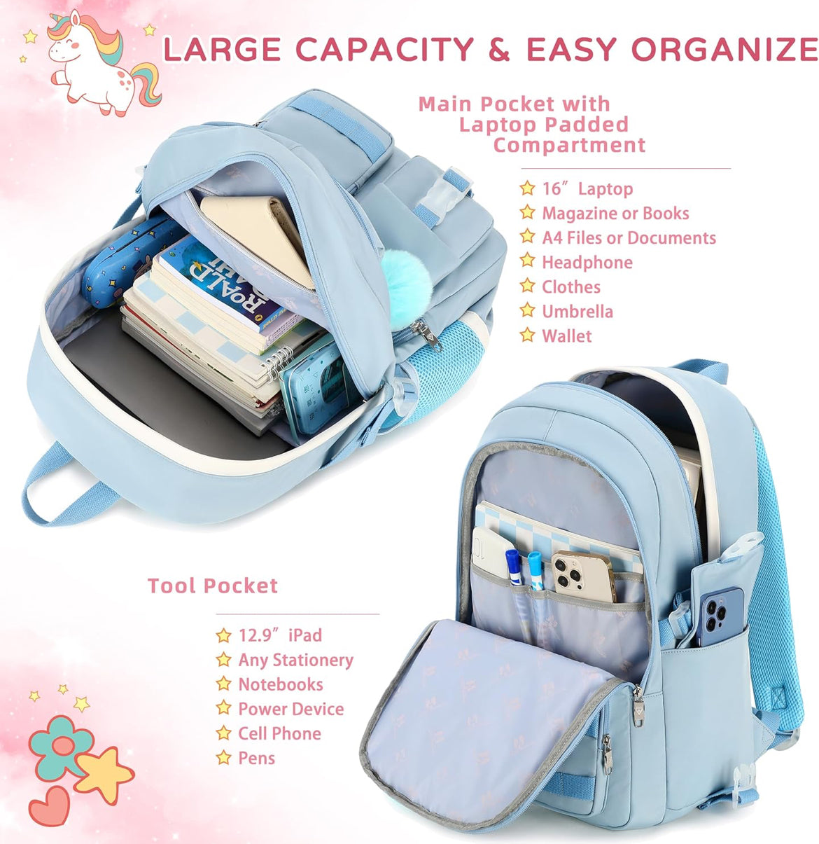 Backpack for girls Laptop Backpacks 15.6 Inch College Cute Bookbag Anti Theft Primary Elementary School Bag Casual Daypack for Teens Girl Women Students (Blue)