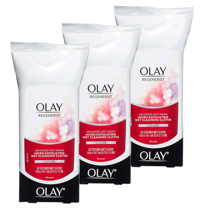 Olay Grimeringverwyderingsdoekies, Regenerist Mikro-afskilferende Nat Skoonmaakdoekies skilfer af, verfris, maak tekstuur glad – 30 st (3 pak)
