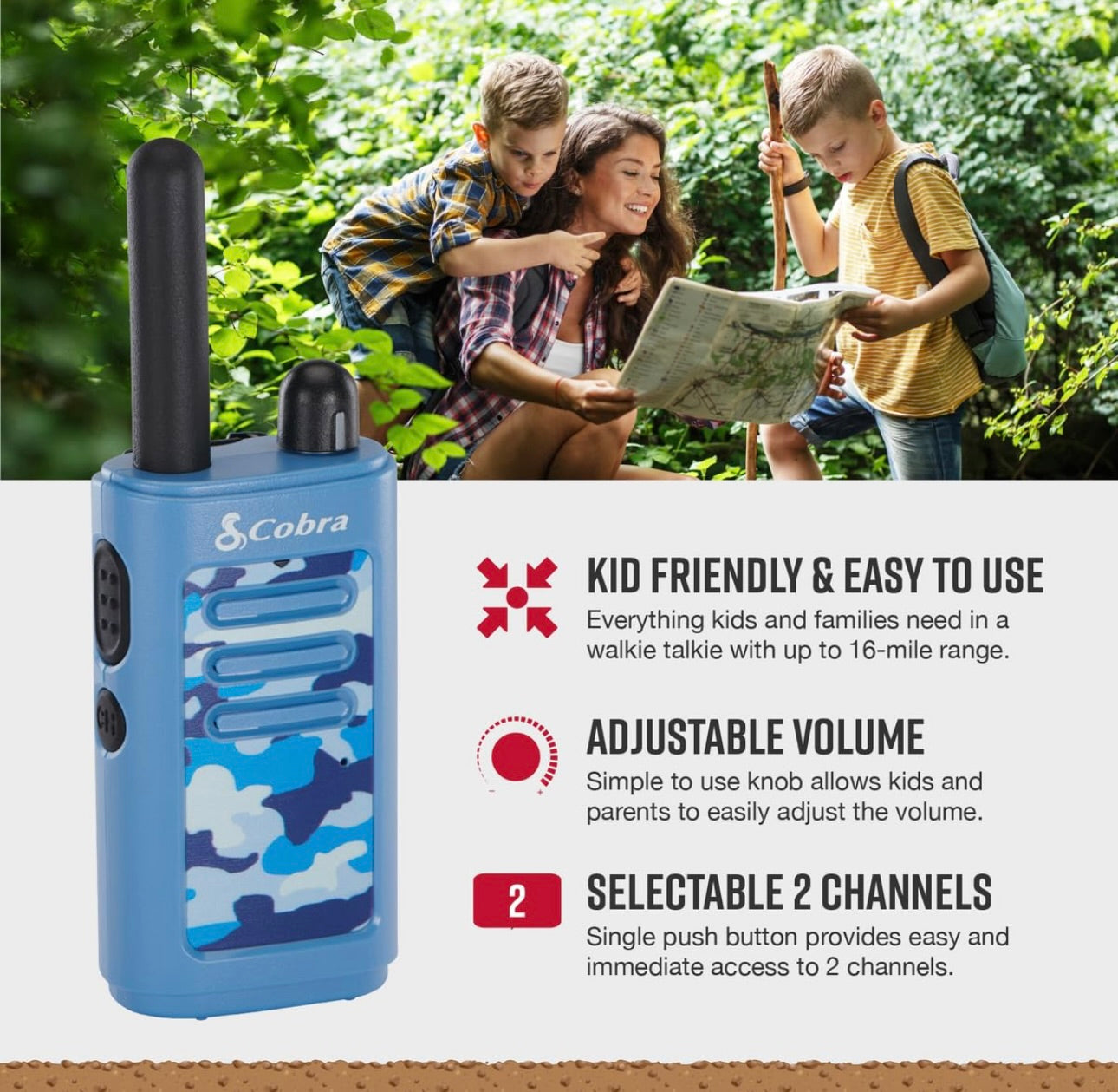 Cobra HE150 Kindervriendelike Walkie Talkies – 16-myl reikafstand, 2-kanaal tweeradio-stel – Blou (2-pak)