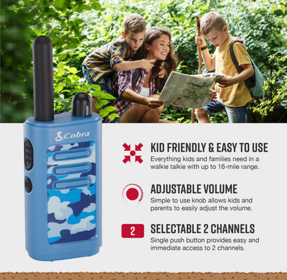 Cobra HE150 Kindervriendelike Walkie Talkies – 16-myl reikafstand, 2-kanaal tweeradio-stel – Blou (2-pak)