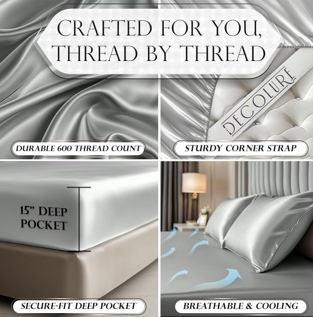 DECOLURE Satin Fitted Sheet Queen Size (1 PC) – Luxuriously Smooth & Softer Than Silk Bed Sheets w/ 15 Inch Deep Pocket Hypoallergenic Wrinkle Free, Secure Snug Fit, Elastic Corner Straps (Grey)