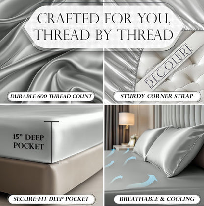 DECOLURE Satin Fitted Sheet Queen Size (1 PC) – Luxuriously Smooth & Softer Than Silk Bed Sheets w/ 15 Inch Deep Pocket Hypoallergenic Wrinkle Free, Secure Snug Fit, Elastic Corner Straps (Grey)