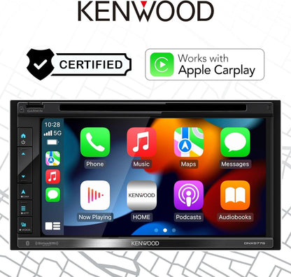 Kenwood 6.8" DVD-motorstereo, Garmin-navigasie ingebou, Inrix-verkeersdiens, CarPlay en Android Auto, Bluetooth, Vier kamera-insette