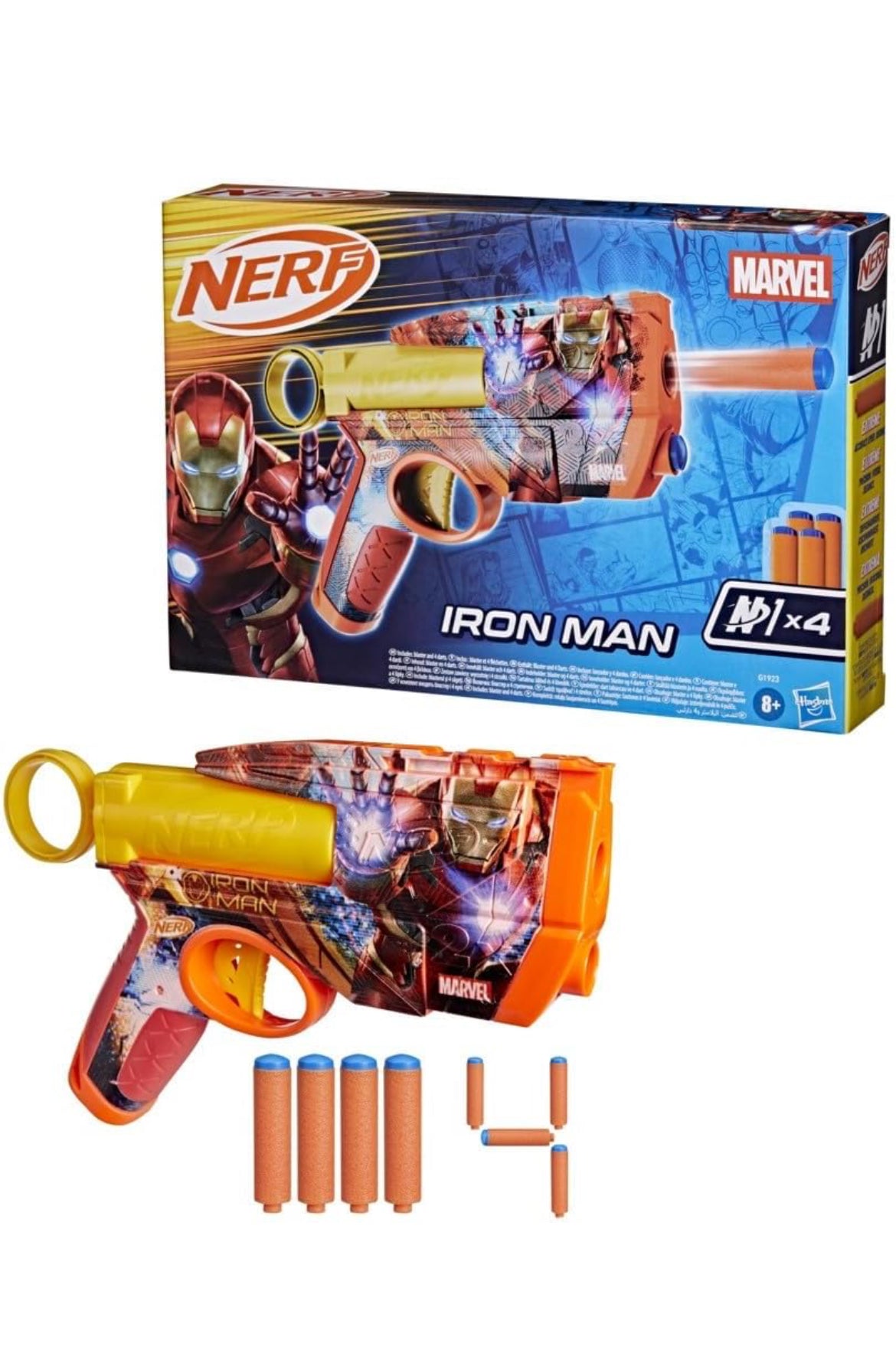 Nerf Marvel Iron Man Dart Blaster | 4 Nerf N1 Foam Darts | Iron Man-Inspired Blaster Skin Designs | Kids Gifts |Outdoor Toys & Games for Ages 8+