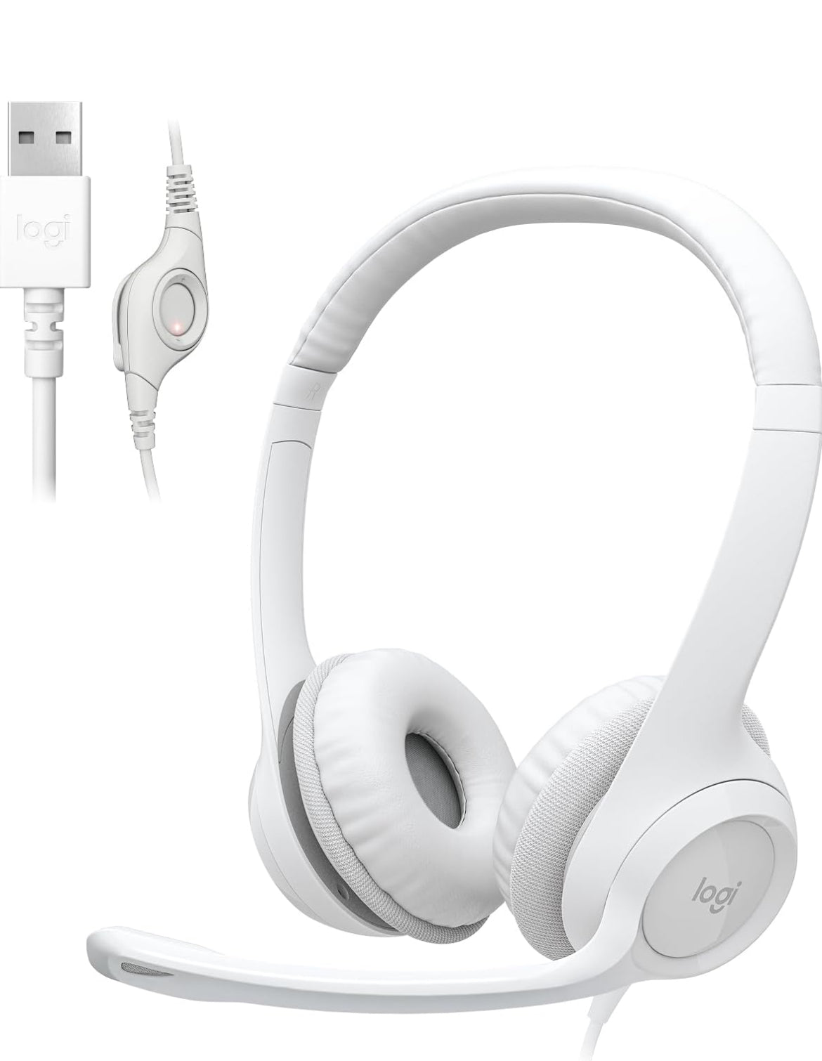Logitech H390-speletjieshoofoorfone, bedrade koptelefoon met mikrofoon, USB-koptelefoon met mikrofoon vir rekenaar, geraasdempende mikrofoon vir videovergaderings, musiek, speletjies – Spierwit