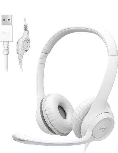 Logitech H390-speletjieshoofoorfone, bedrade koptelefoon met mikrofoon, USB-koptelefoon met mikrofoon vir rekenaar, geraasdempende mikrofoon vir videovergaderings, musiek, speletjies – Spierwit