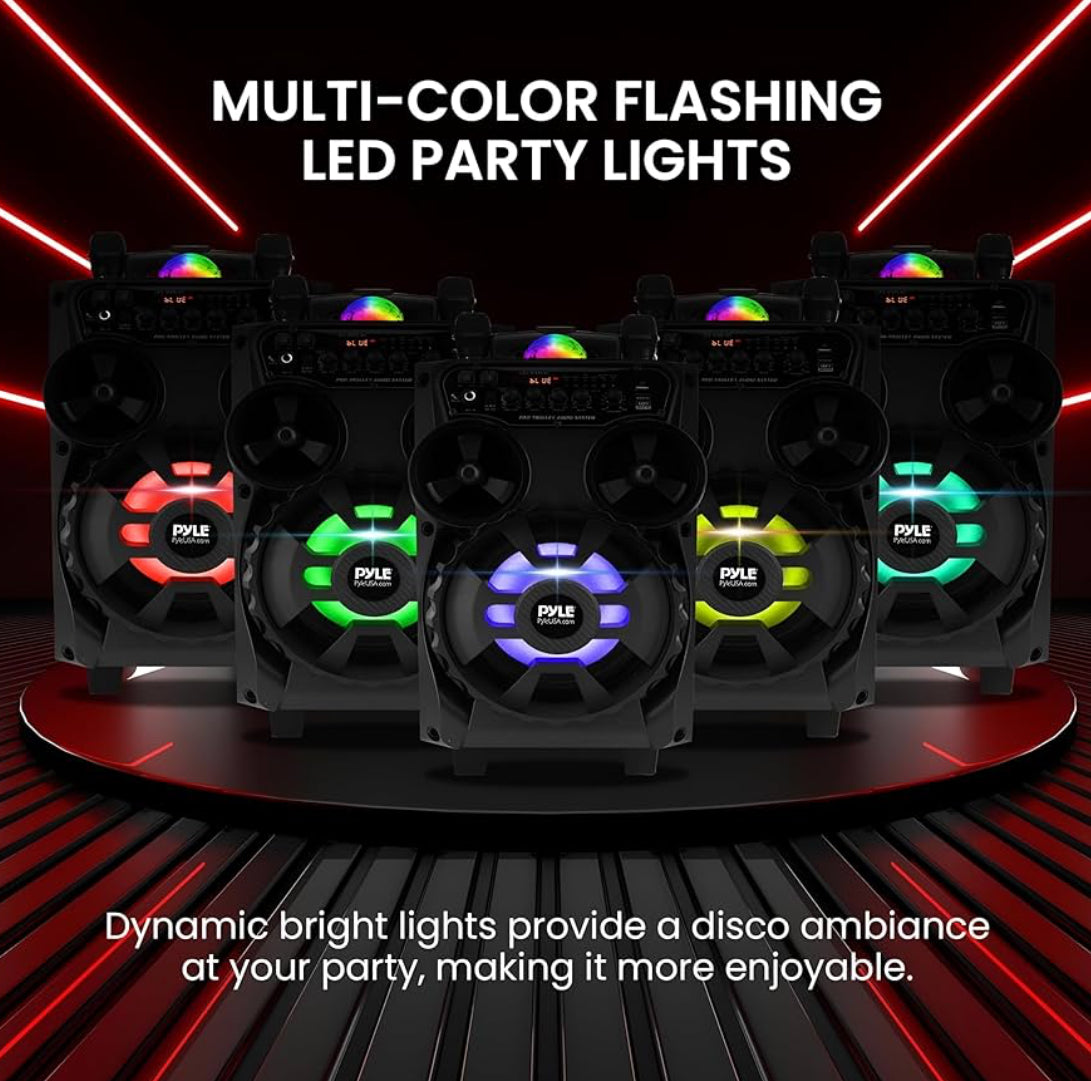 Draagbare Herlaaibare Bluetooth PA-luidspreker - 580W 8” Buite BT Karaoke Oudiostelsel - TWS, Disco Partytjie Beligting, LED-skerm, FM/AUX/MP3/USB/SD, 6.5mm in, Trollie, Wiele - Koordlose Mikrofoon, Afstandbeheer